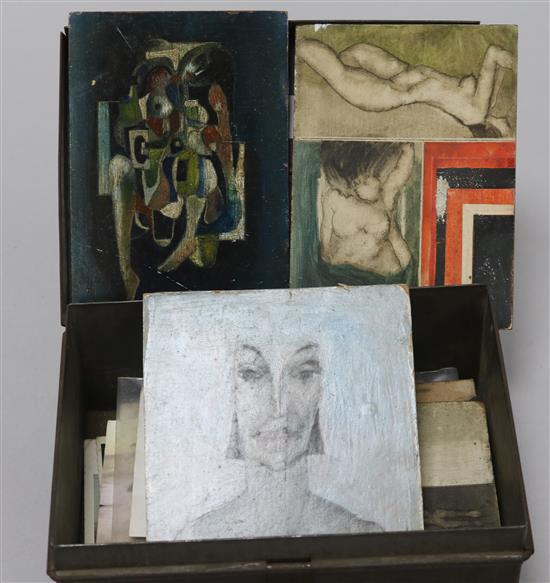 A tin containing ephemera and paintings on board